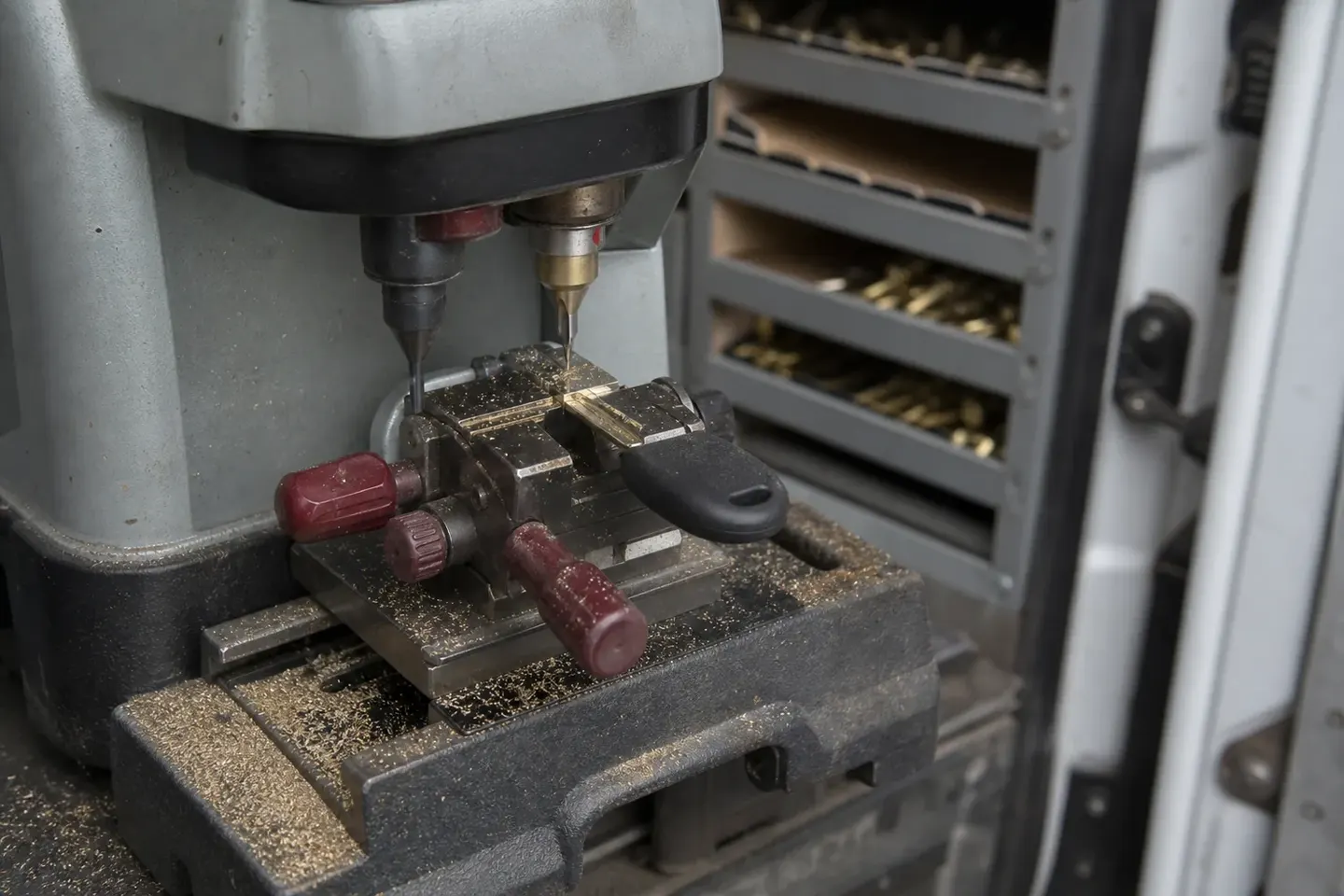 Key cutting machine in the service van